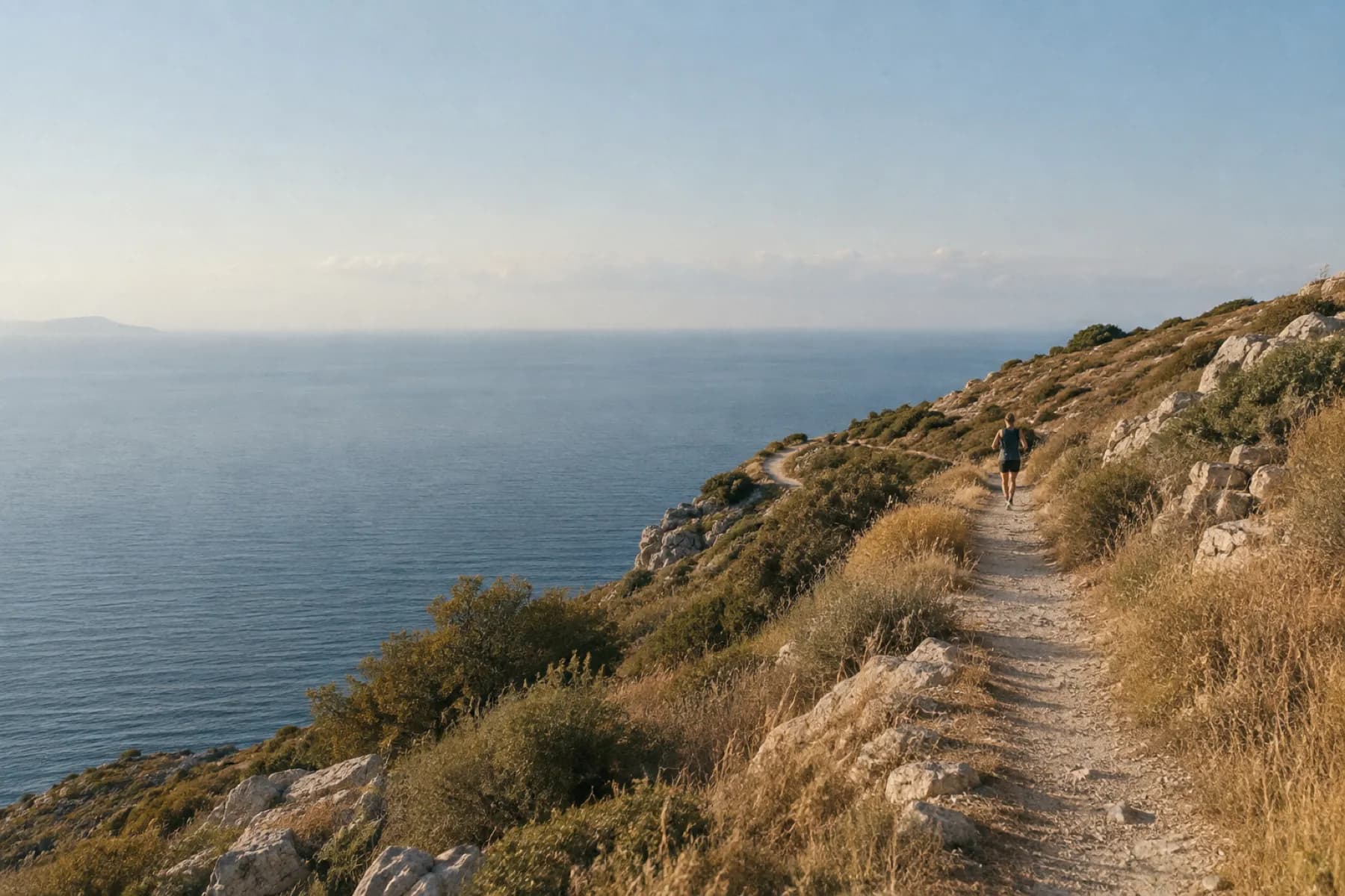 A narrow coastal path above the sea at dusk, with a lone runner far along it