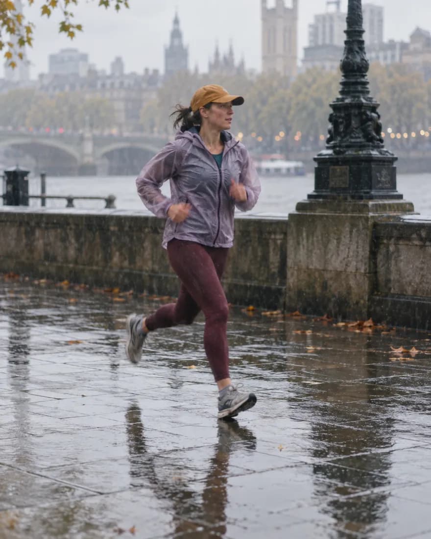 A runner on a wet riverside path in the rain, recording the run on her watch