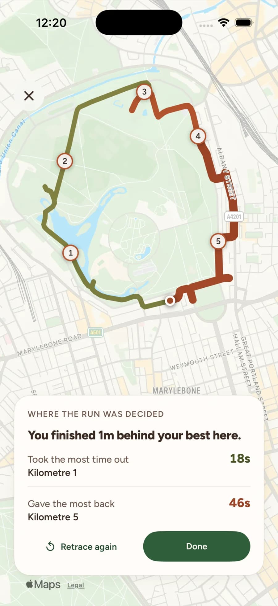 Beyond Routes on iPhone at the end of a Retrace: Regent's Park Outer Circle seen from above with the run painted kilometre by kilometre, warm where time was lost and cool where it was gained, and a card reading “You finished 1m behind your best here” over which kilometre took the most time out and which gave the most back.