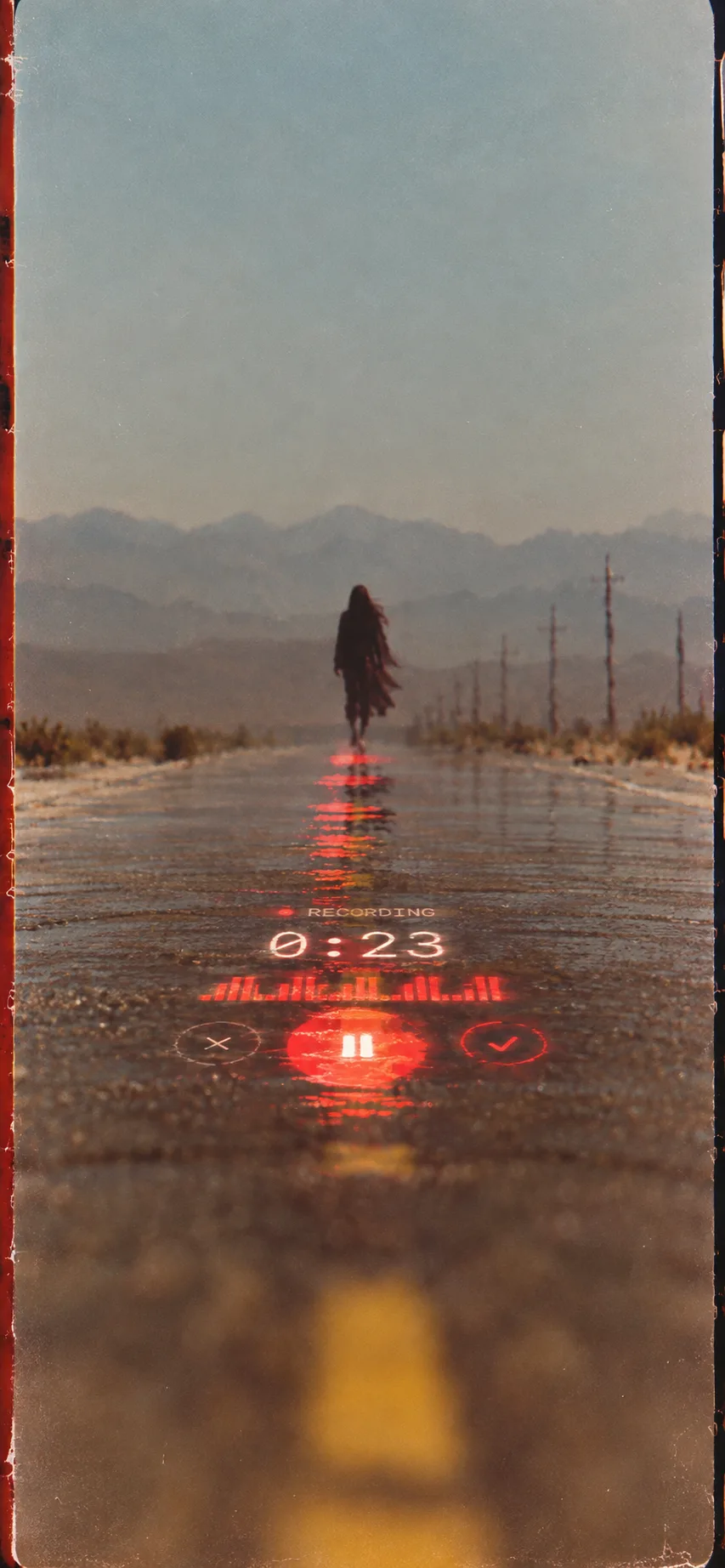 A figure walking down a desert road in heat haze, with the Apple Watch recording screen projected on the asphalt.